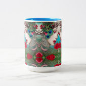 Weibliche rote Lippen und Rose Pfau Abstrakt Zweifarbige Tasse (Mittel)