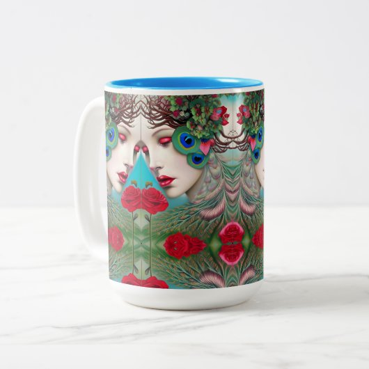 Weibliche rote Lippen und Rose Pfau Abstrakt Zweifarbige Tasse (Vorderseite Links)