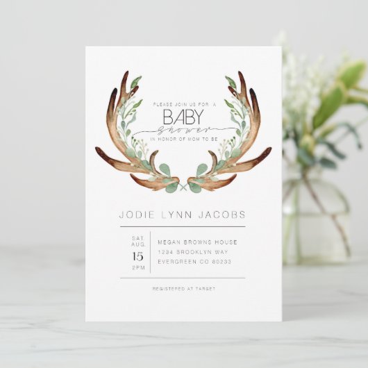 Weibliche Rustikale Antler | Wasserfarben-Babydusc Einladung (Stehend Vorderseite)