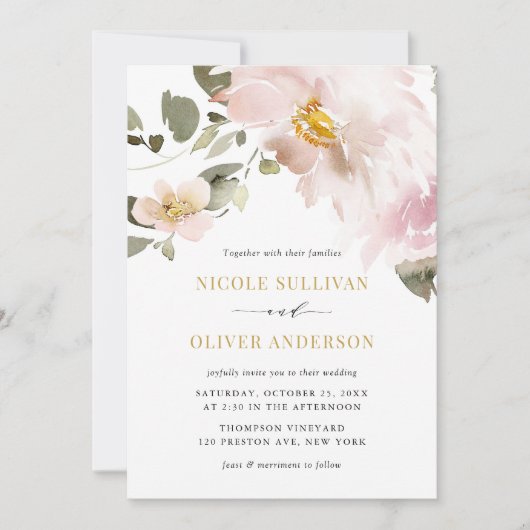 Weibliche Wasserfarben Blush Blume Hochzeit Einladung (Vorderseite)