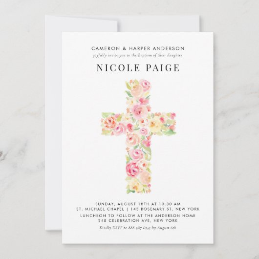 Weibliche Wasserfarben-Frühlingsblütenkreuz Einladung (Vorderseite)