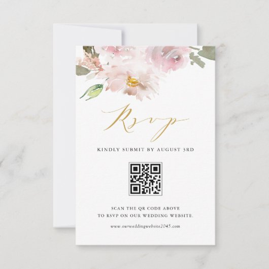 Weibliche Wasserfarbenblush-Blume mit QR-Code RSVP Karte (Vorderseite)