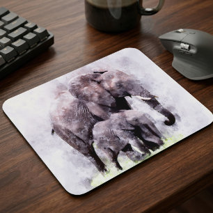 Weiblicher Afrikanischer Elefant mit Kalb Aquarell Mousepad