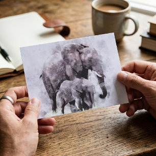 Weiblicher Afrikanischer Elefant mit Kalb Aquarell Postkarte