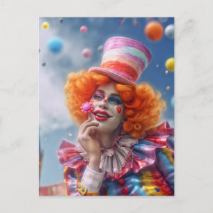 Weiblicher Clown mit Blumen. Lustige Postcard Postkarte