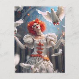 Weiblicher Clown mit Tauben. Lustige Postcard Postkarte