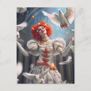 Weiblicher Clown mit Tauben. Lustige Postcard Postkarte