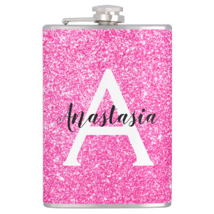 Weiblicher Glam Hot Pink Glitter Funken Monogramm  Flachmann