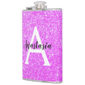Weiblicher Glam Lila Glitter Funken Monogramm Name Flachmann (Links)
