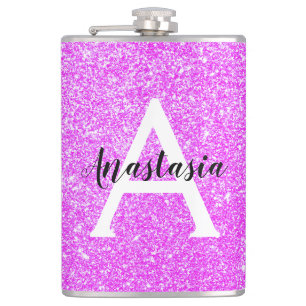 Weiblicher Glam Lila Glitter Funken Monogramm Name Flachmann