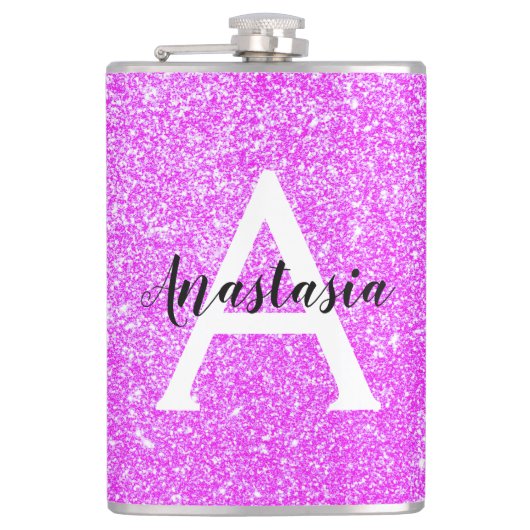 Weiblicher Glam Lila Glitter Funken Monogramm Name Flachmann (Vorderseite)