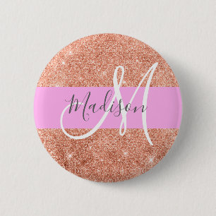 Weiblicher Glam Rosa Pfirsich Gold Glitter Monogra Button