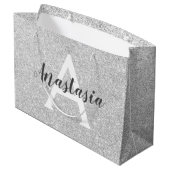 Weiblicher Glam Silber Glitter Funkeln Monogramm N Große Geschenktüte (Rückseite Schrägansicht)