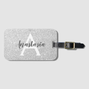 Weiblicher Glam Silber Glitter Glanz Monogramm Nam Gepäckanhänger