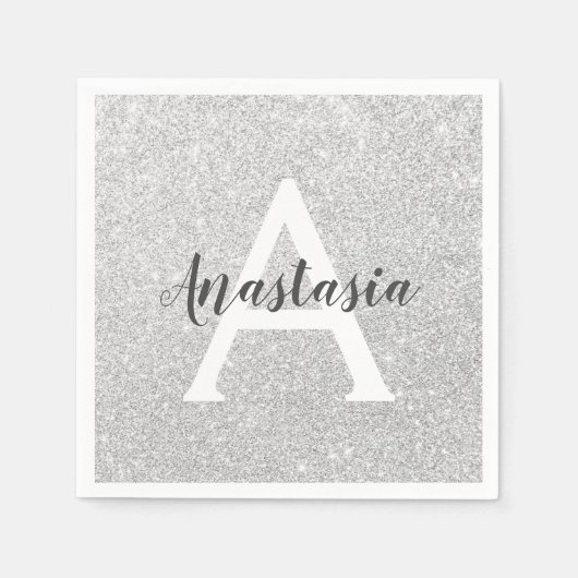 Weiblicher Glamour Silber Glitter Funkeln Monogram Serviette (Vorderseite)