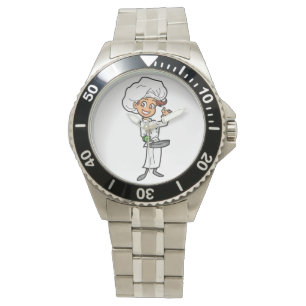 Weiblicher Koch mit einer Bratpfannen-Uhr Armbanduhr