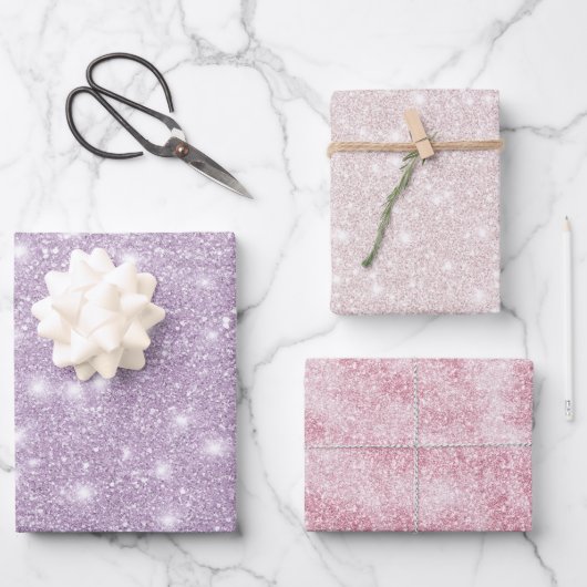 Weiblicher Lavendel Glitzer Funkelnder Geburtstag Geschenkpapier Set (Vorderseite)