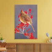 Weiblicher nördlicher Kardinal zwischen Havthorn Leinwanddruck (Insitu (Wohnzimmer))