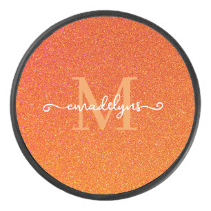 Weiblicher orangefarbener Glitter-Sparkles-Monogra Eishockey Puck