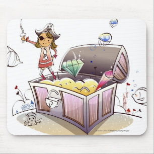 Weiblicher Pirat stehend auf einem Schatzkasten Mousepad