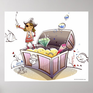 Weiblicher Pirat stehend auf einem Schatzkasten Poster