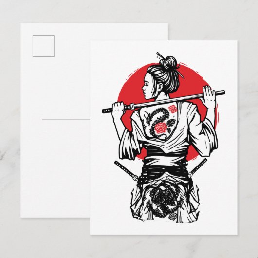 Weiblicher Samurai-Drache Rose – Japanischer Krieg Postkarte (Vorne/Hinten)