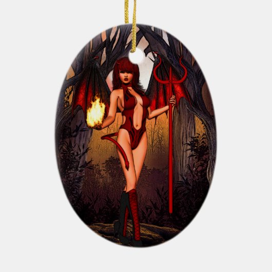 Weiblicher Teufel in Rot Keramik Ornament (Hinten)