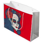 Weiblicher Zuckerschädel-große Rote Rosen Große Geschenktüte (Rückseite Schrägansicht)