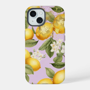 Weibliches Gelb, Mauve und Gold Zitronen Frucht Sp iPhone 15 Hülle