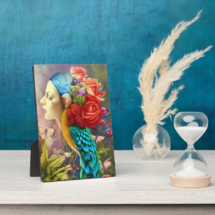 Weibliches Gesicht mit blumigen Pfauenfedern Fotoplatte