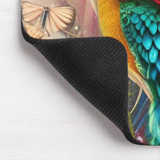 Weibliches Gesicht mit blumigen Pfauenfedern Mousepad (Ecke)