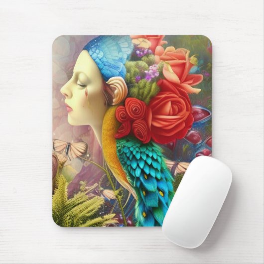Weibliches Gesicht mit blumigen Pfauenfedern Mousepad (Mit Mouse)