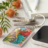 Weibliches Gesicht mit blumigen Pfauenfedern Schlüsselanhänger (Vorderseite rechts)