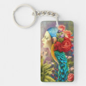 Weibliches Gesicht mit blumigen Pfauenfedern Schlüsselanhänger (Vorderseite)