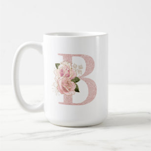 Weibliches, hellrosa goldenes Glitter-Blumen-Monog Kaffeetasse