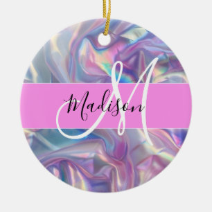 Weibliches Pink Holografisches Irisierendes Monogr Keramik Ornament