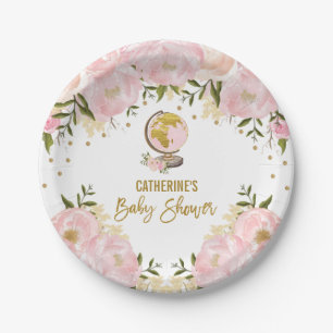 Weibliches rosa Goldblumenreise-Mädchen-Babyparty Pappteller
