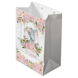 Weibliches rosa Goldelefant-Baby-Aquarell mit Mittlere Geschenktüte