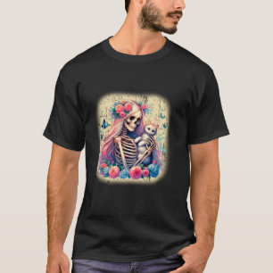 Weibliches Skelett und süße Katze Katzenliebhaber T-Shirt
