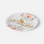 Weibliches Wald1. Geburtstag/rosa Gold mit Blumen Pappteller (Schrägansicht)