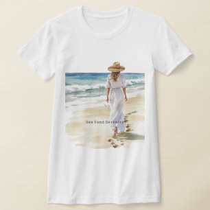 Weibliches Weißes Kleid Strand Meer Sand Gelassenh T-Shirt