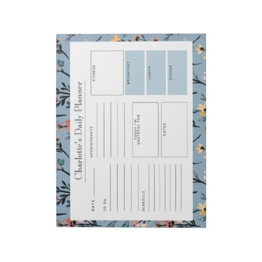 Weich blau Rustikal Boho Wasserfarben Blüte Custom Notizblock (Rotiert)