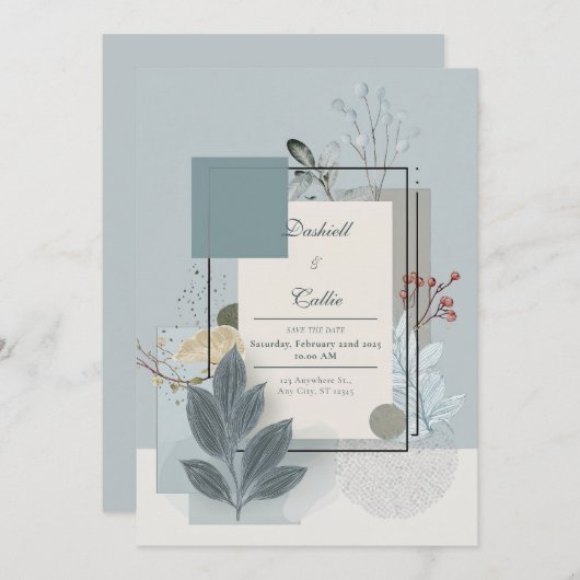Weich Blau & Sage Botanische Hochzeit Einladung (Vorne/Hinten)