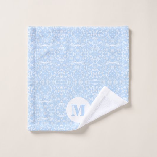 Weich blau und weiß Botanisch mit Monogramm Badhandtuch Set (Waschlappen)