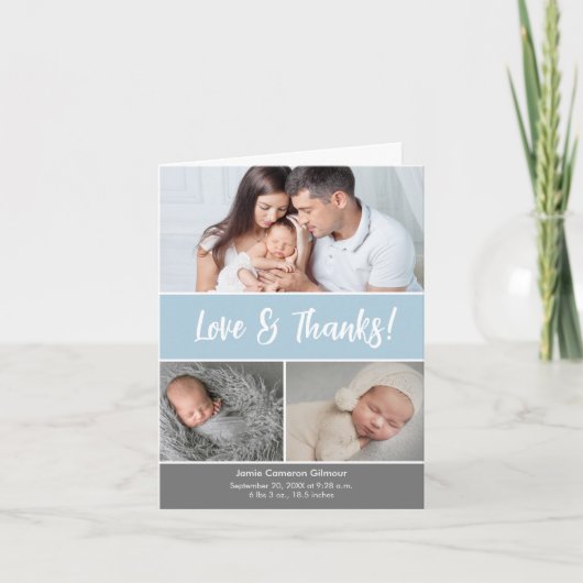 Weich blaue Liebe & dank Foto Collage Baby Dusche Dankeskarte (Vorderseite)