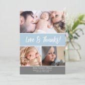 Weich blaue Liebe & dank Foto Collage Baby Dusche Dankeskarte (Stehend Vorderseite)