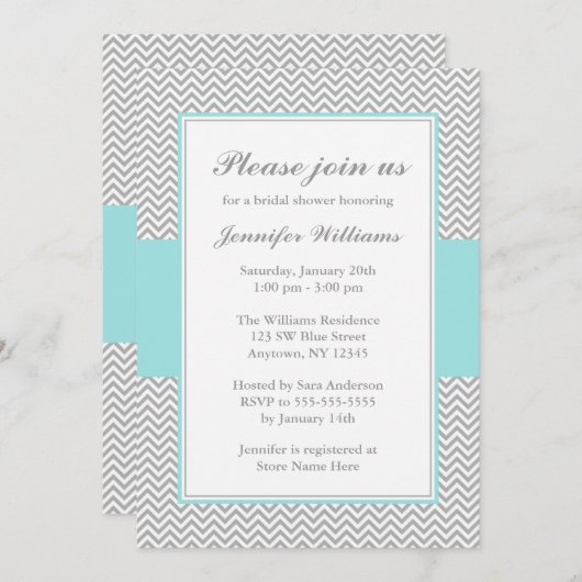 Weich blaues und graues Zickzack Brautparty Einladung (Vorne/Hinten)