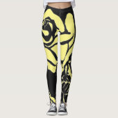 Weich gelbe holzgeschnittene Rose auf schwarzem Hi Leggings (Vorderseite)