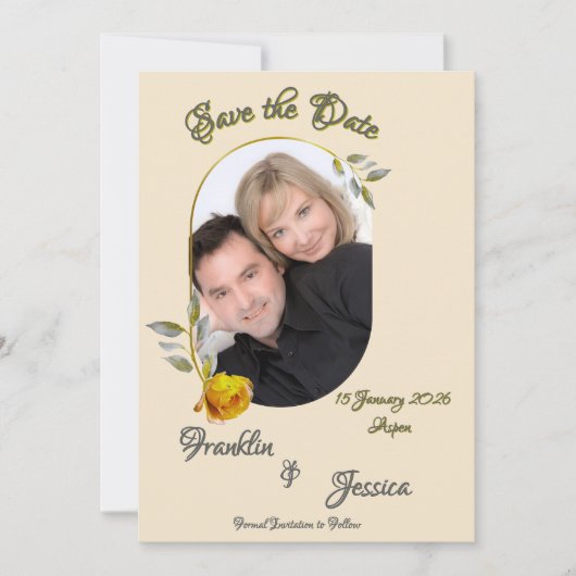 Weich gelbe Rose mit hellgrünem und goldgelbem Fot Save The Date (Vorderseite)