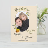 Weich gelbe Rose mit hellgrünem und goldgelbem Fot Save The Date (Stehend Vorderseite)